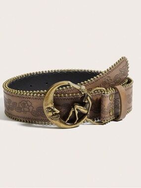 1pc Bohemian Vintage Moon Bronze Metal Brown Patterned PU Cowgirl Belt For Women